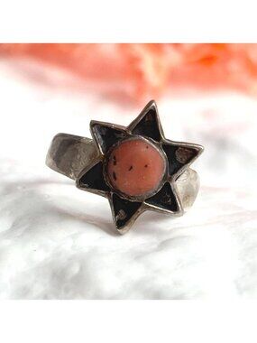 Coral Accented Star Shaped Navajo Insp Sterling Silver 925 Vintage Ring - sz 4.5